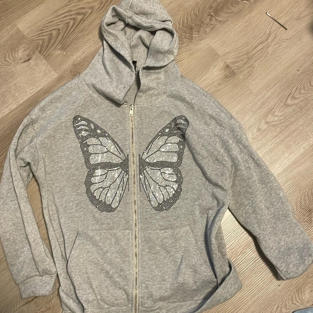 Gray Hoodie with Bedazzled Butterfly Design